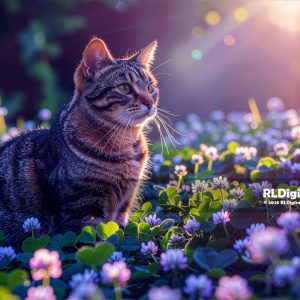 Twilight Clover Dreams – Tabby Cat Digital Art