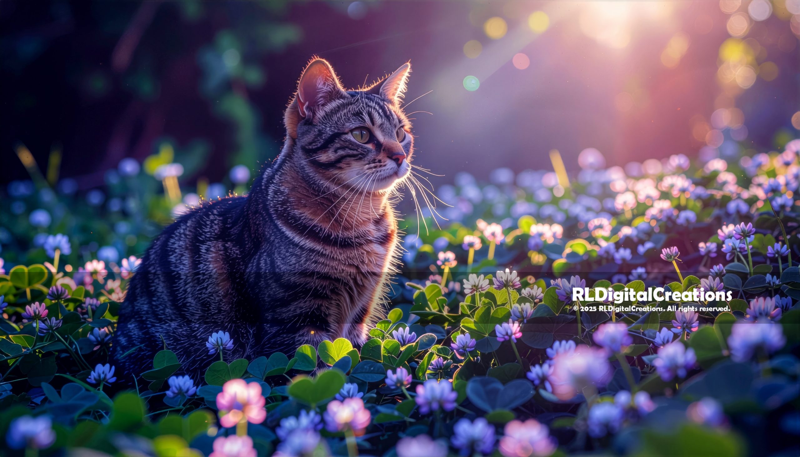 Twilight Clover Dreams – Tabby Cat Digital Art