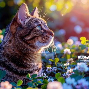 Golden Garden Gaze – Tabby Cat Digital Art