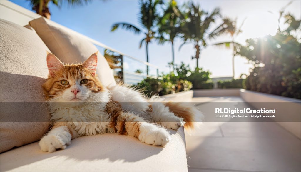 Tropical Terrace Lounge – Ginger Longhair Cat Digital Art