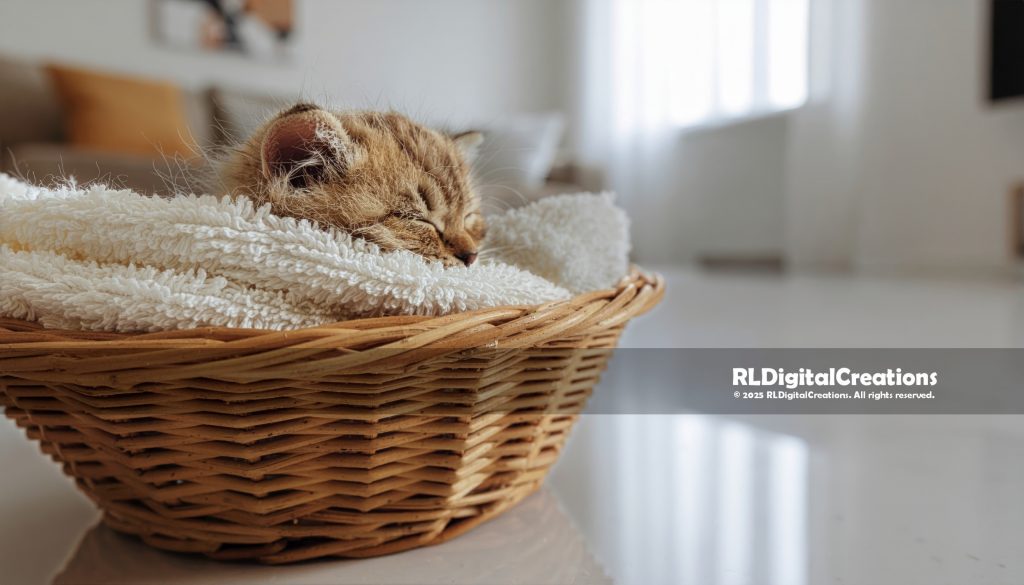 Cozy Basket Nap – Sleeping Kitten Digital Art