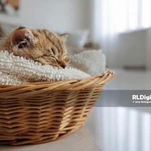 Cozy Basket Nap – Sleeping Kitten Digital Art