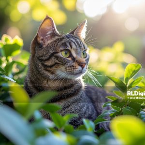 Sunlit Garden Sentinel – Tabby Cat Digital Art