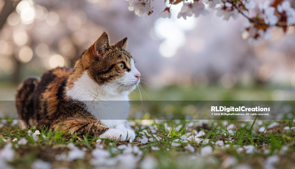 Petals & Whiskers – Calico Cat Under Cherry Blossoms Digital Art