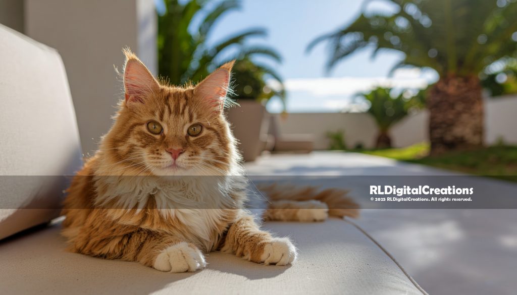 Palm Terrace Glow – Ginger Longhair Kitten Digital Art