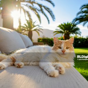 Sunset Palm Lounge – White & Ginger Longhair Kitten Digital Art