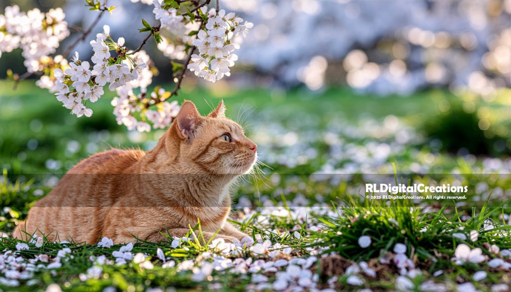 Spring Blossom Reverie – Orange Tabby Cat Digital Art
