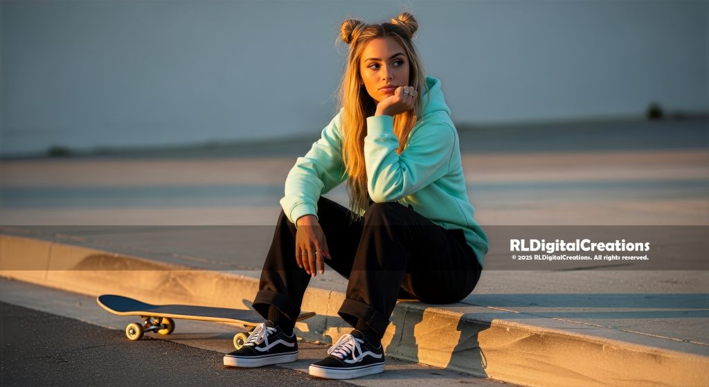 Golden Hour Street Daydream – Skater Girl Digital Art