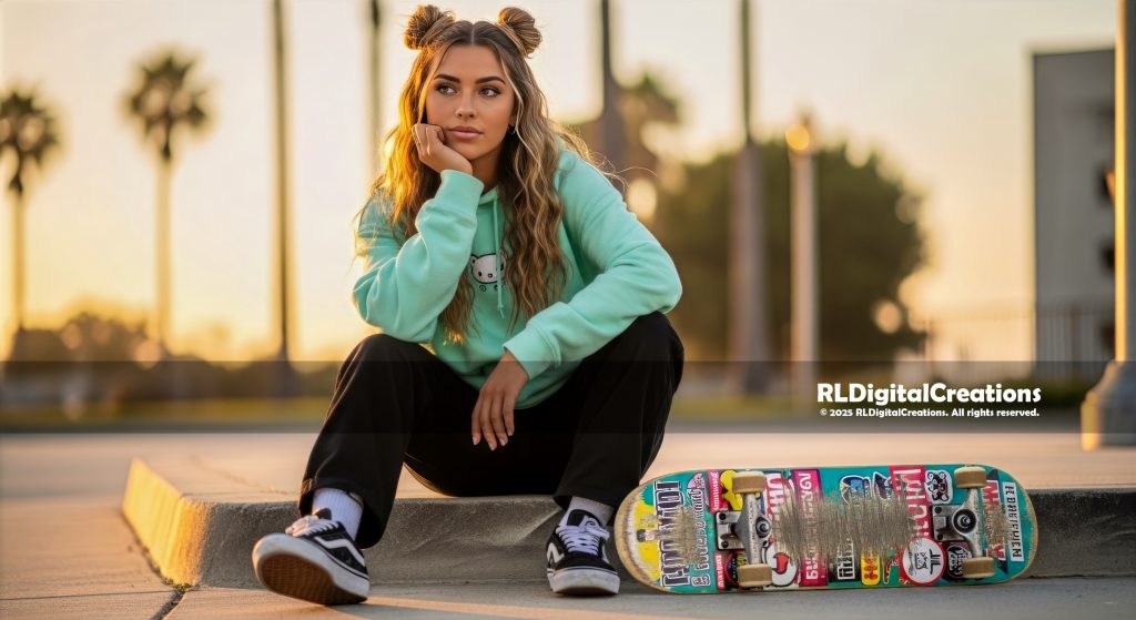 Mint Street Glow – Skater Girl Digital Art